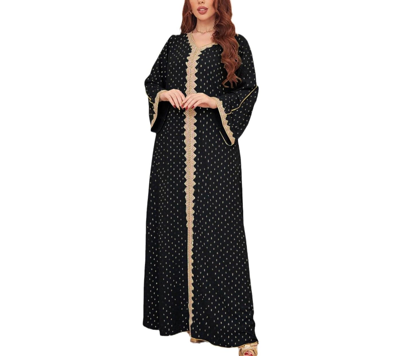 FPOVFPO Womens Muslim Abaya Dress One-Piece V Neck Bronzing Dress Islamic Full Length Kaftan Daily Casual Dress Black