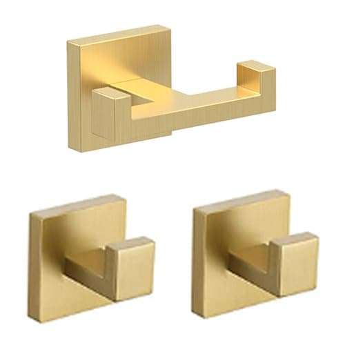 BOZWELL 1 Double Towel Hook and 2 Towel Hooks for Bathroom Light Brushed Gold Wall Mount3 Pack Modern Square Style Coat Robe HookStainless Steel Heavy Duty Door Hanger for Bathroom 1502G3