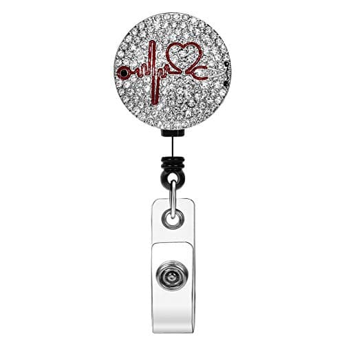 Diamond Heartbeat Cute Retractable Badge Reel, Xoqo Badge Reel Clip for Nurse, Lightweight ID Name Badge Holder with Alligator Clip (Sliver)