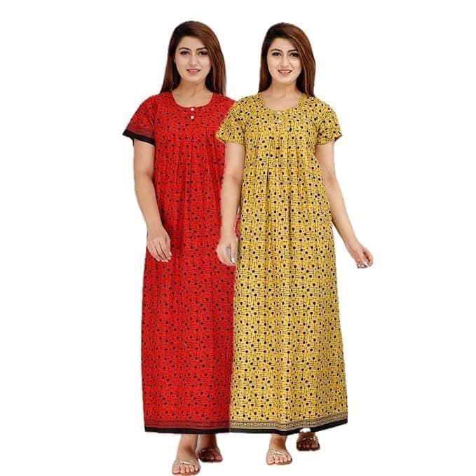 Vlazom Women’s Cotton Printed Maxi Nighty – Ankle Length Night Dress Gown, Pack of 2, Free Size – Soft & Breathable Sleepwear (Red&Yellow_a, Free Size)