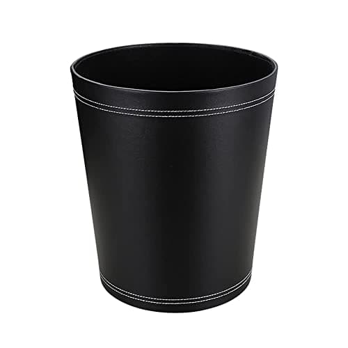KINGFOM Classic Pu Leather Trash Can Wastebasket Small Garbage Container Can for Bathrooms Powder Rooms Kitchens Home Office and and High Class Hotel Round Black