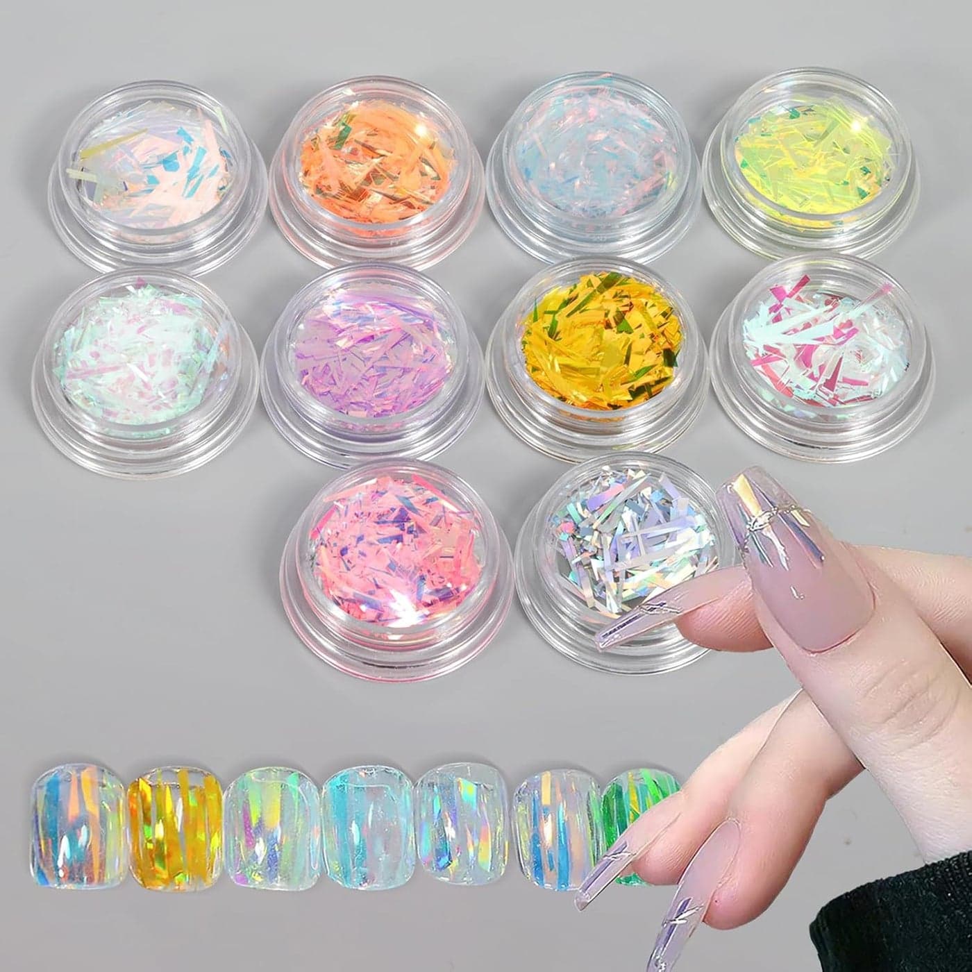 10 Boxes Gradient Aurora Glass Paper Nail Sticker Foil Nail Art Holographic Multi-Color Glass Reflective Mirror Design Broken Stripe Line Nail Decals Cellophane Films(Color 1#-10#)