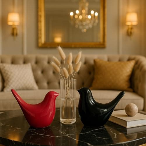 SRJANA Creative Black and Red Glossy Ceramic Birds Figurines Home Decorations Accessories Party (Pack of 2, Black and Red)