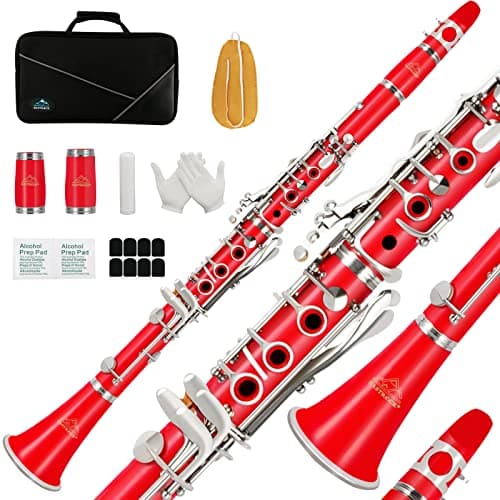 EASTROCK Bb Flat 17 Nickel Keys Red Student Clarinet for Beginner with Hard Case and Cleaning Kit