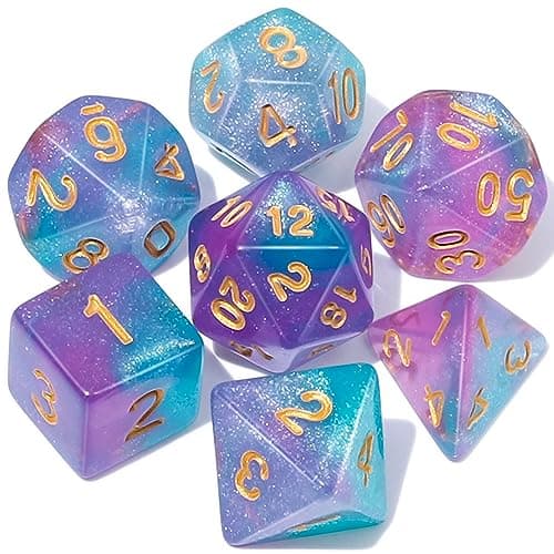 QMAY DND Dice Set DD Polyhedral Dice 7 Pcs for Dungeons and Dragons Purple Light Blue Glitter
