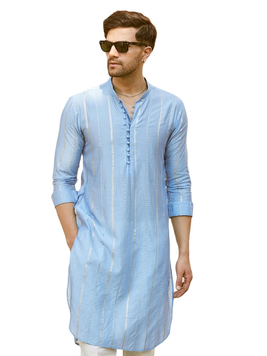 See Designs Men Full Sleeve Turquoise Blue Chanderi Silk Sequins Mandarin Collar Side Slit Kurta - SDMKT1444M