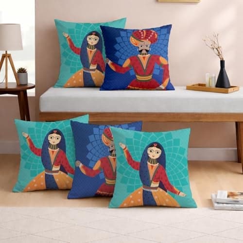 STITCHNEST Set of 5 Polycotton Cushion Covers – 12x12 Inches – Rajasthani Folk Art Print with King & Queen Motifs – Ethnic Decorative Cushion Covers for Sofa & Living Room