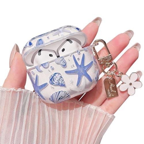 MINSCOSE Compatible with AirPods 4 Clear Case,Cute Beautiful Seashell and Starfish Pattern Design with Keychain, Soft TPU Protective Shockproof Cover for AirPods 4 for Women Girls-Blue