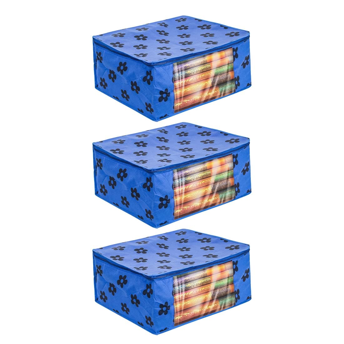 PrettyKrafts Pack of 3 Non Woven Large Flower Prints Saree CoverWardrobe Organizer With Transparent Window And ZipClothes Storage Bag For Womens Lehenga Suit Saree Other Accessories Blue