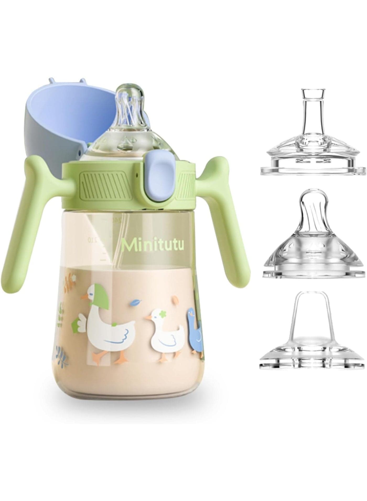 Baby Sippy Cup 240ml with Weighted Straw, 3-in-1 Spill-Proof & Leak-Proof Sippy Cup for Toddlers, BPA-Free Soft Silicone Spout with Handles (Green)