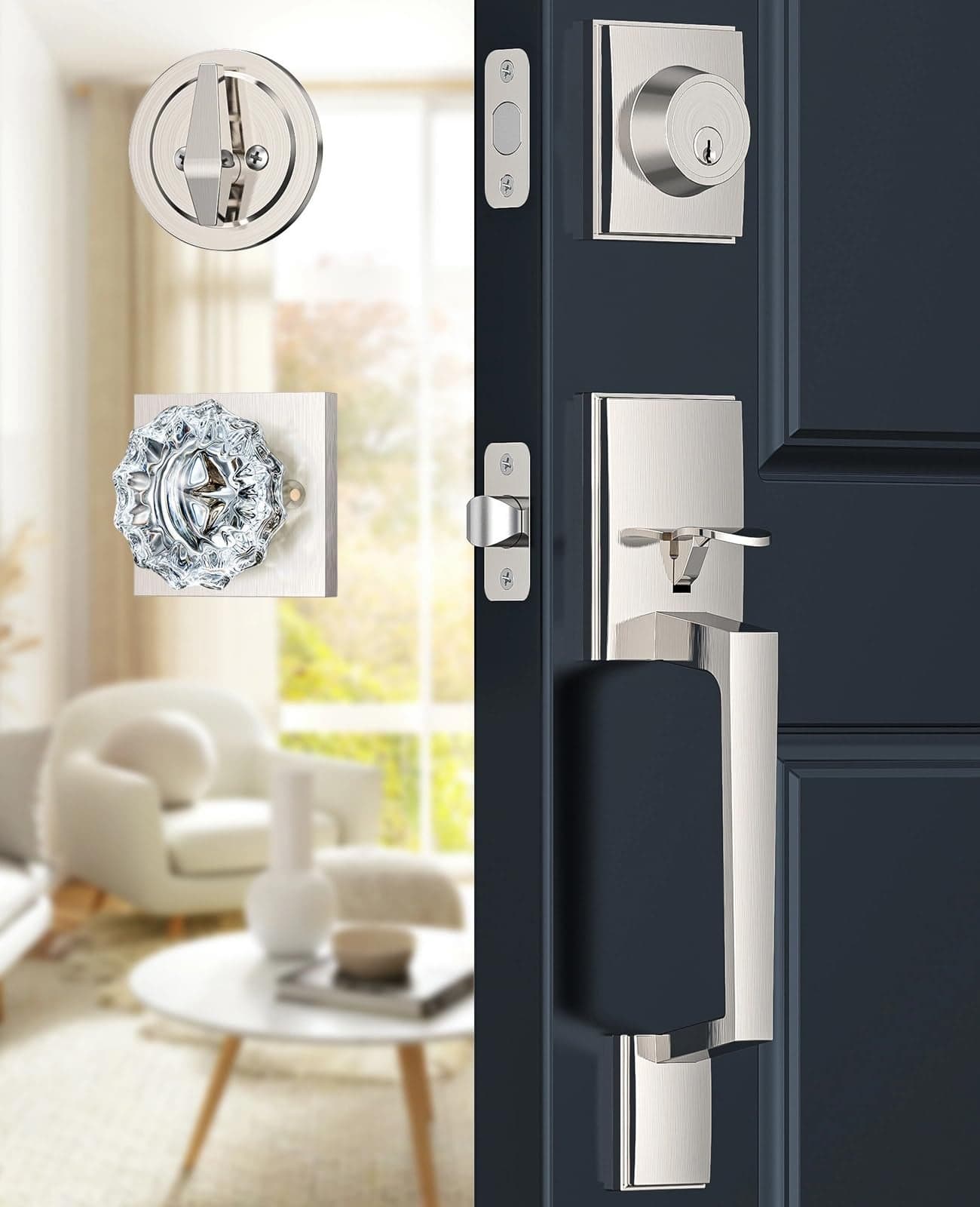 Calzibeno Brushed Nickel Front Door Handle and Deadbolt Set, Front Door Lock Set with Crystal Glass Door Knob, Exterior Door Lock Set with Single Cylinder, Reversible for Right & Left, Satin Nickel