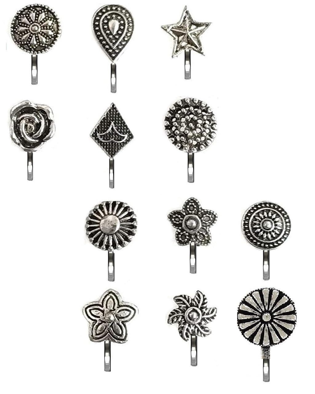VAMA FASHIONS Non Piercing NosePin Pressing Type Clip on Oxidised Black Silver Nose Ring Stud for Girls Women