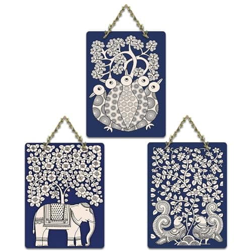 Artvibes Elephant Peacock Madhubani Art Home Wooden Art Decoration Item for Home | Modern Decoration Items | Handcrafted Art | Wall Poster | Aesthetic Wall Hanging | Unique Gift (WH_96175N), Set of 3