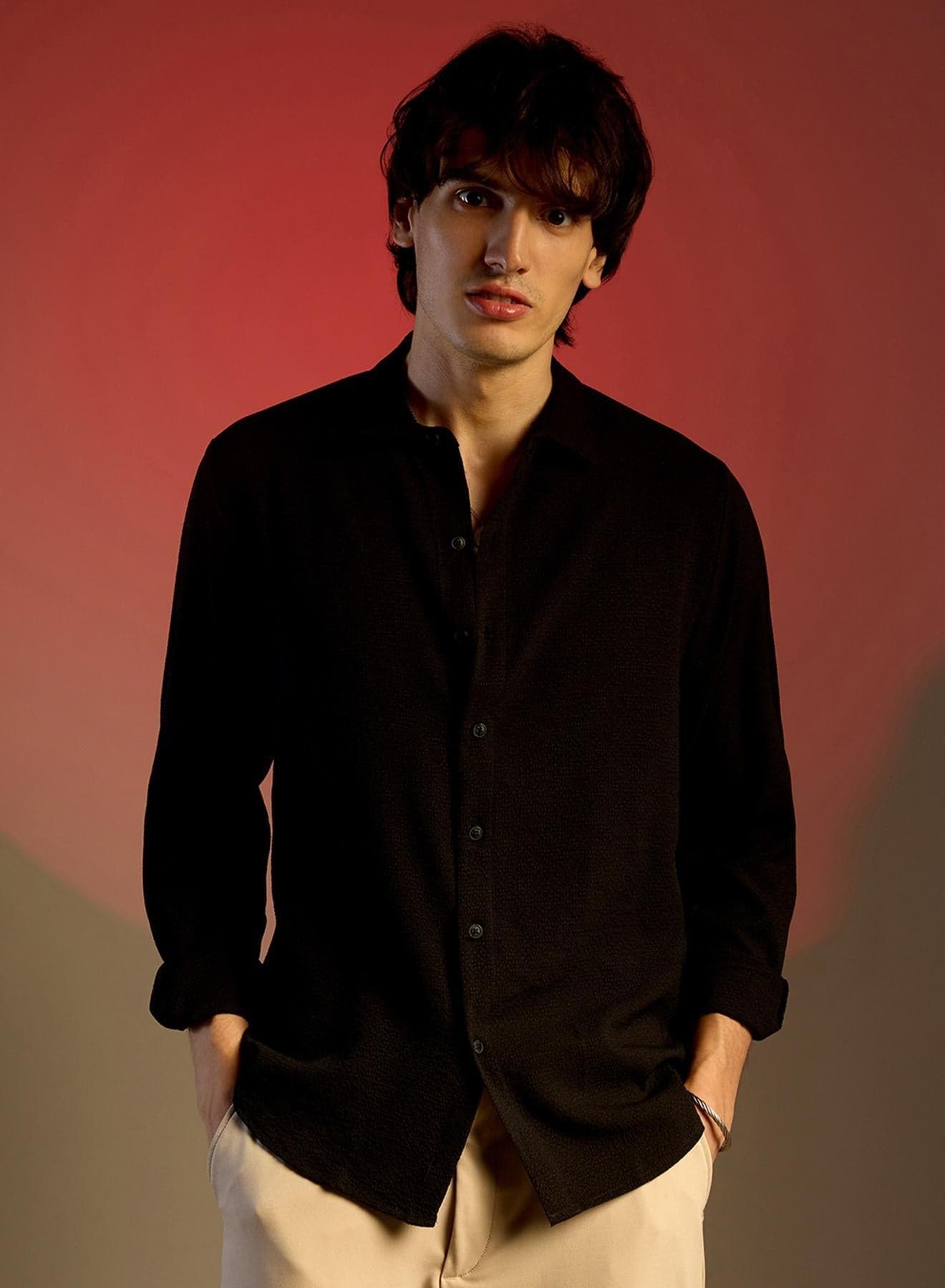 Men's Midnight Black Embossed Micro Check Shirt