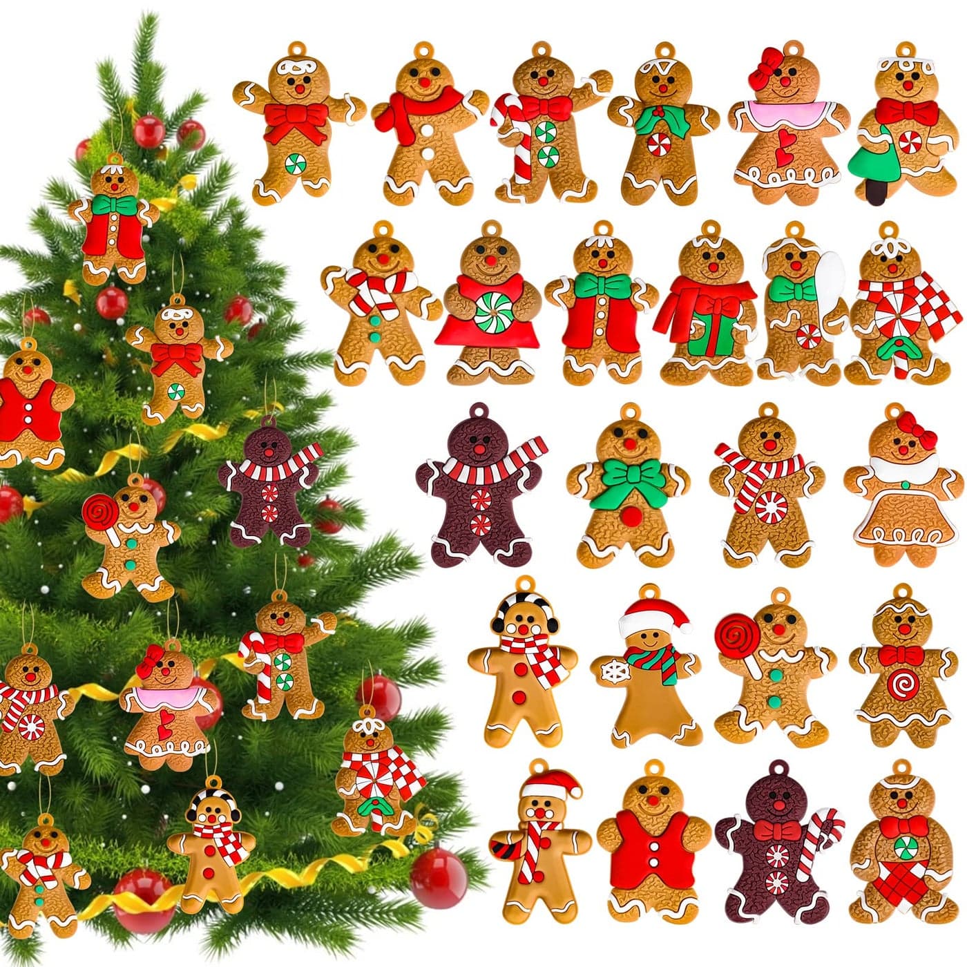 24Pcs Mini Gingerbread Man Ornaments for Christmas Tree Holiday Hanging Charms and Decorations for Indoor Decor