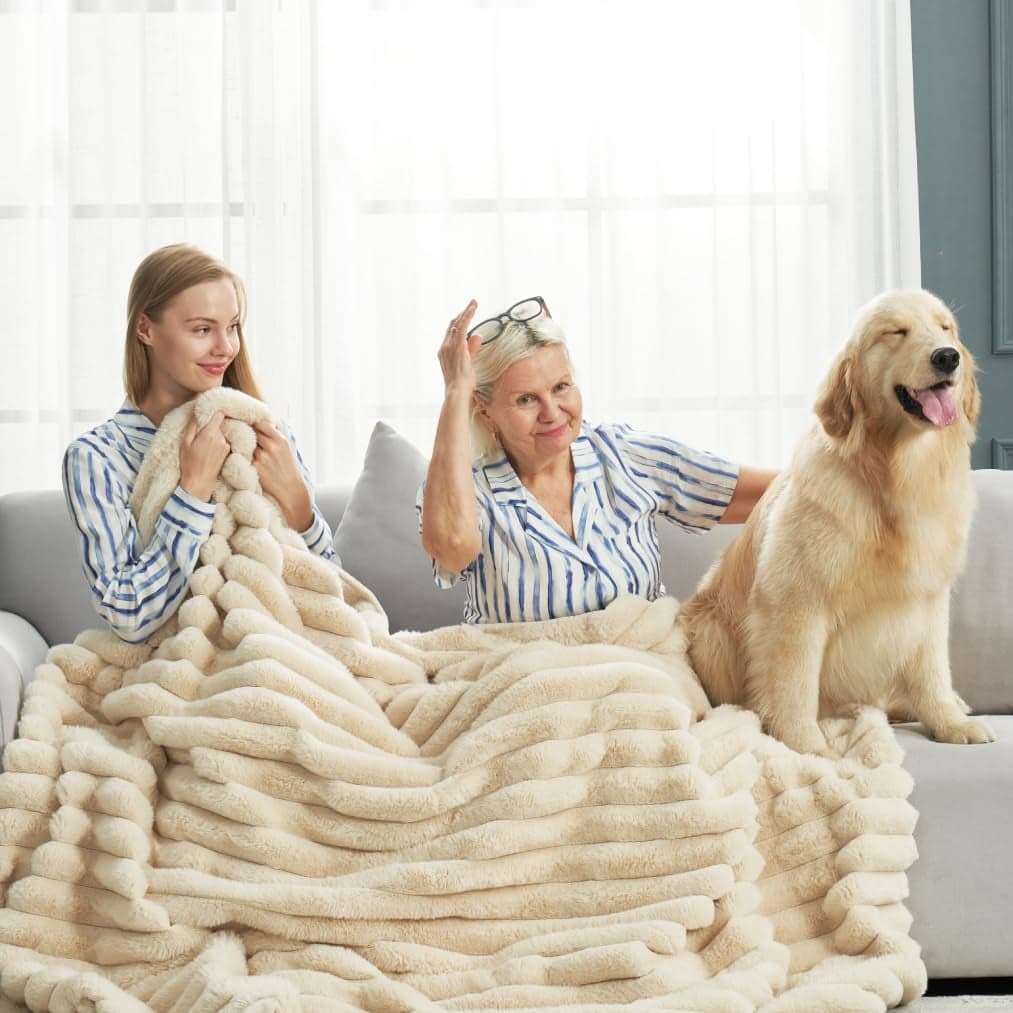 Cozy Bliss Faux Fur Throw Blanket for Couch Cozy Warm Plush Striped Blanket for Sofa Bedroom Living Room 60 80 Inches Beige