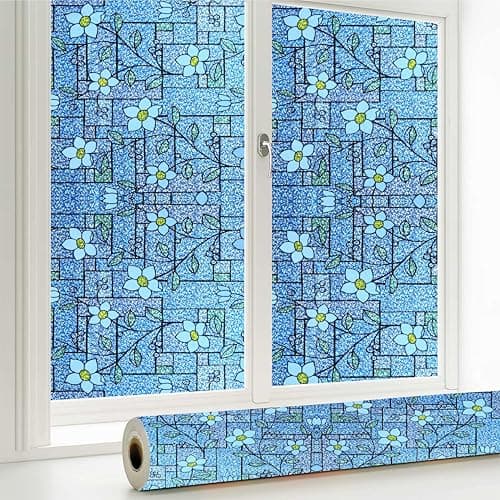 WALLTON Privacy Vinyl Frosted Window Film Glass Sticker Self-Adhesive Film Tint Wallpaper Opaque Sheet for Glass Privacy Cover Window, Door, Office, Home.| Anti-UV. (16x96 Inch, Small Blue Patti)