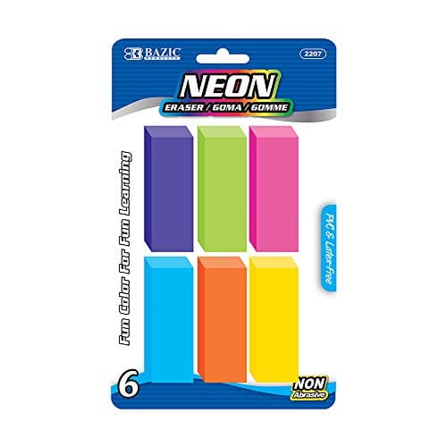 BAZIC Neon Bevel Eraser 6Pack