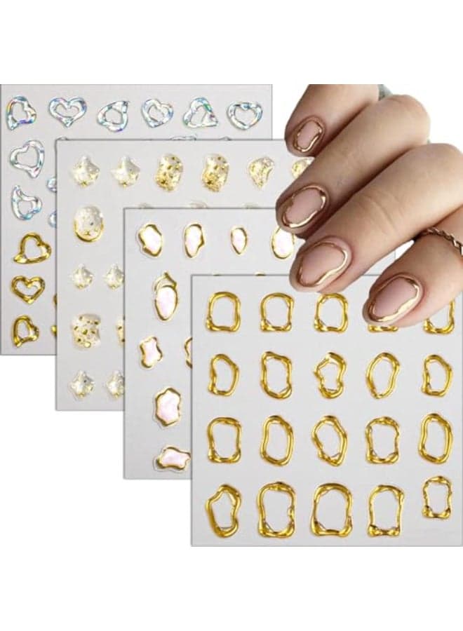 5D Gold Embossed Nail Art Stickers Crystal Soft Glue Irregular Geometric Frames Nail Stickers Sliver Hollow Designs Nail Decals Supplies Self Adhesive Stickers DIY Acrylic Nail Accessories