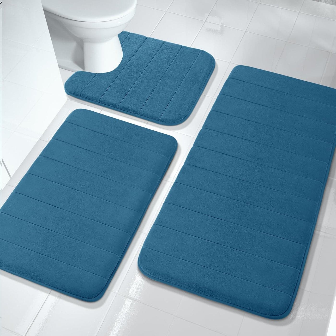Yimobra 3 Pieces Memory Foam Bath Mat Set with UShaped Toilet Rug Non Slip Super Soft Absorbent Quick Dry Bathroom Rugs for Bathtub Vanity Toilet Base Peacock Blue