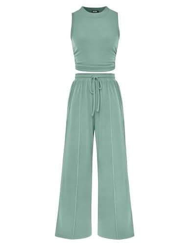 BTFBM Summer Outfits For Women 2026 Ribbed Sleeveless Tank Tops Wide Leg Pants 2 Piece Sets Lounge Set Clothing(Fruit Green, Large)
