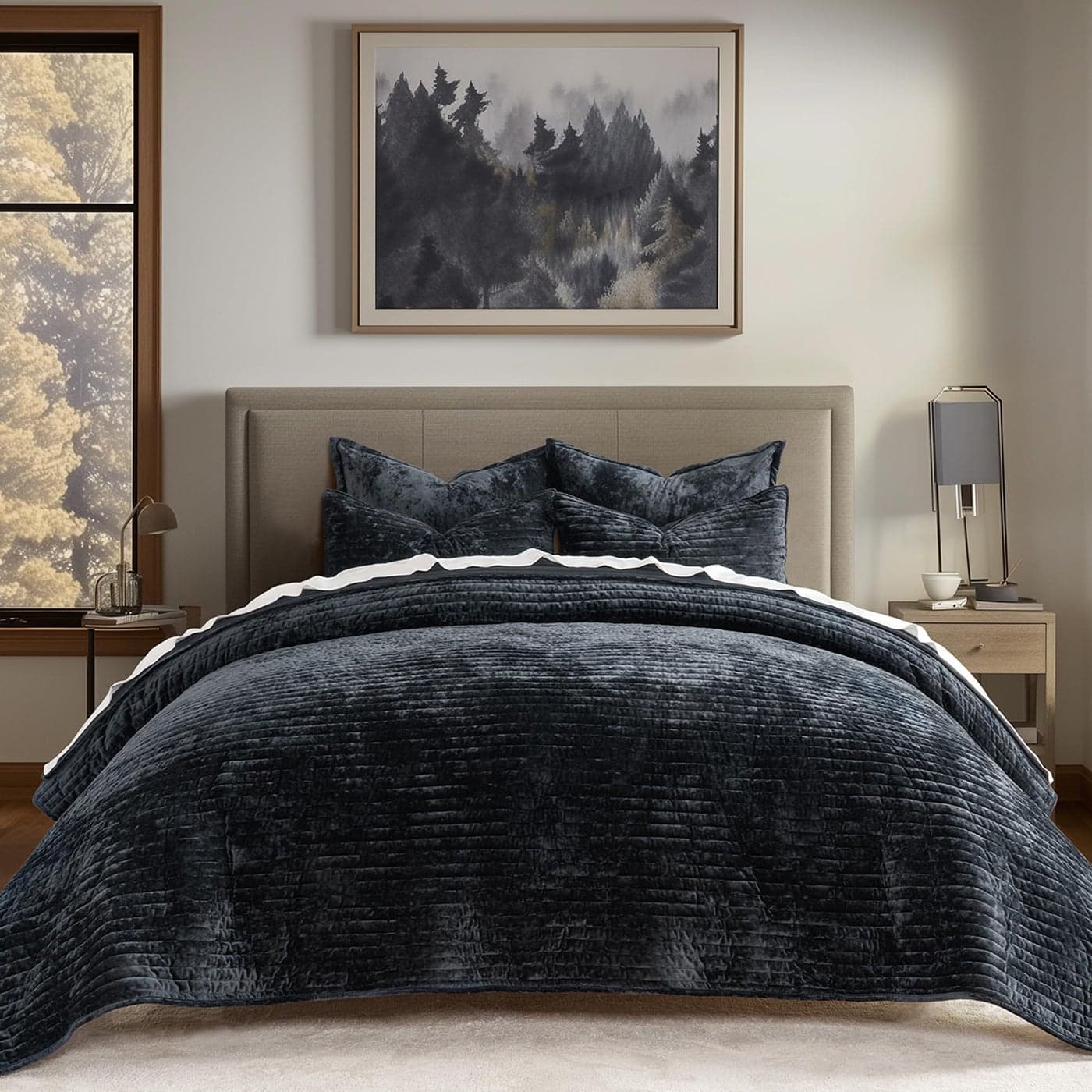 EVERGRACE Velvet Quilt Set King Size Luxurious Soft Striped Channel Bedding Set Lightweight Velvet Comforter for All Season Oversized Bedspread Coverlet with 2 Matching Shams Black