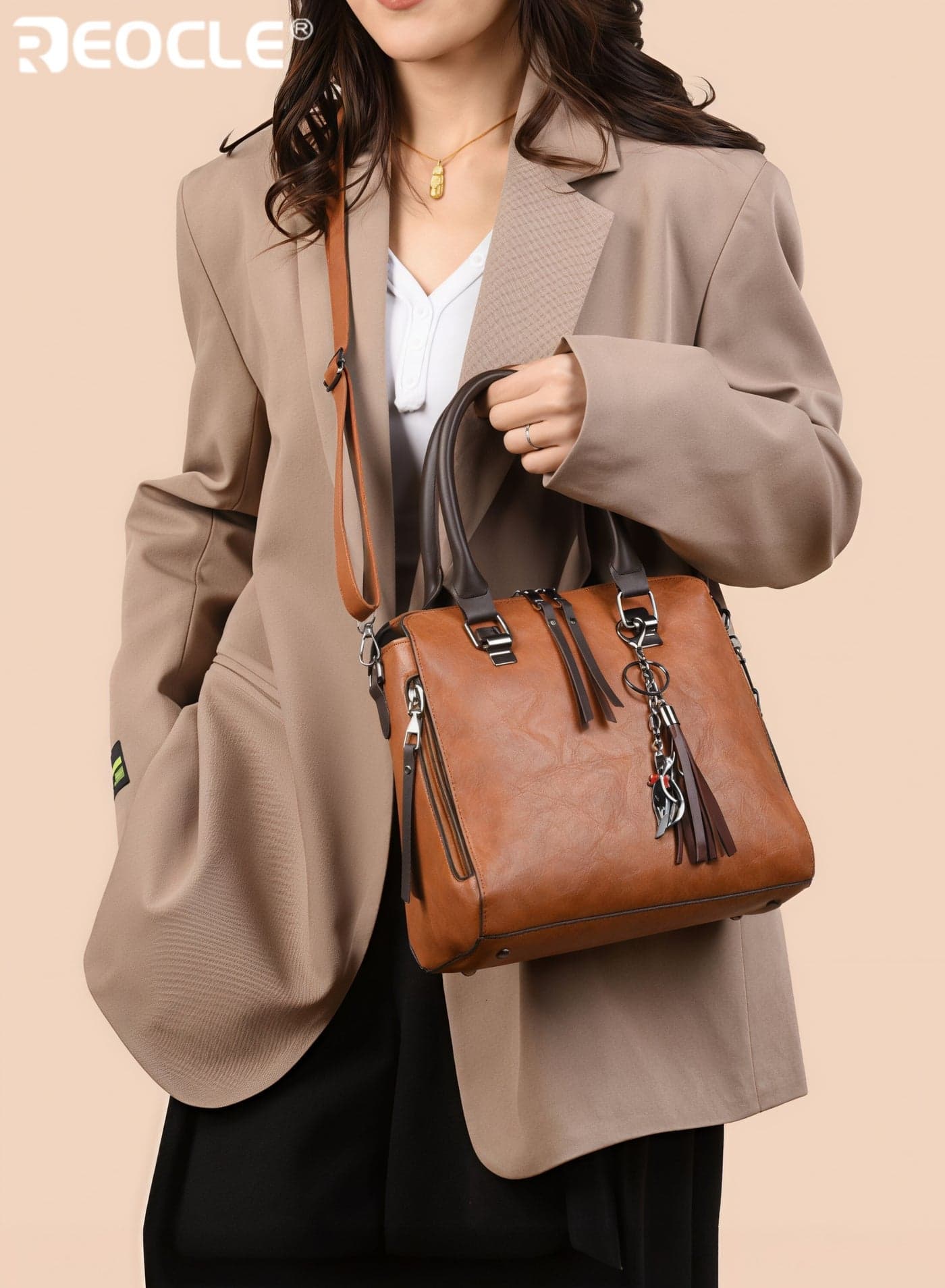 Women's Leather Tote Handbag Crossbody Bags with Little Fox Pendant Satchel Shoulder Bag with Adjustable Strap & Large Capacity Trendy Commute Handbag