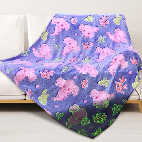 Axolotl Gifts Glow in The Dark Blanket for Girls Salamander Toys Easter Kids Cute Animals Fish Throw Blankets Soft Fleece Blanket Room Decor 50 X 60