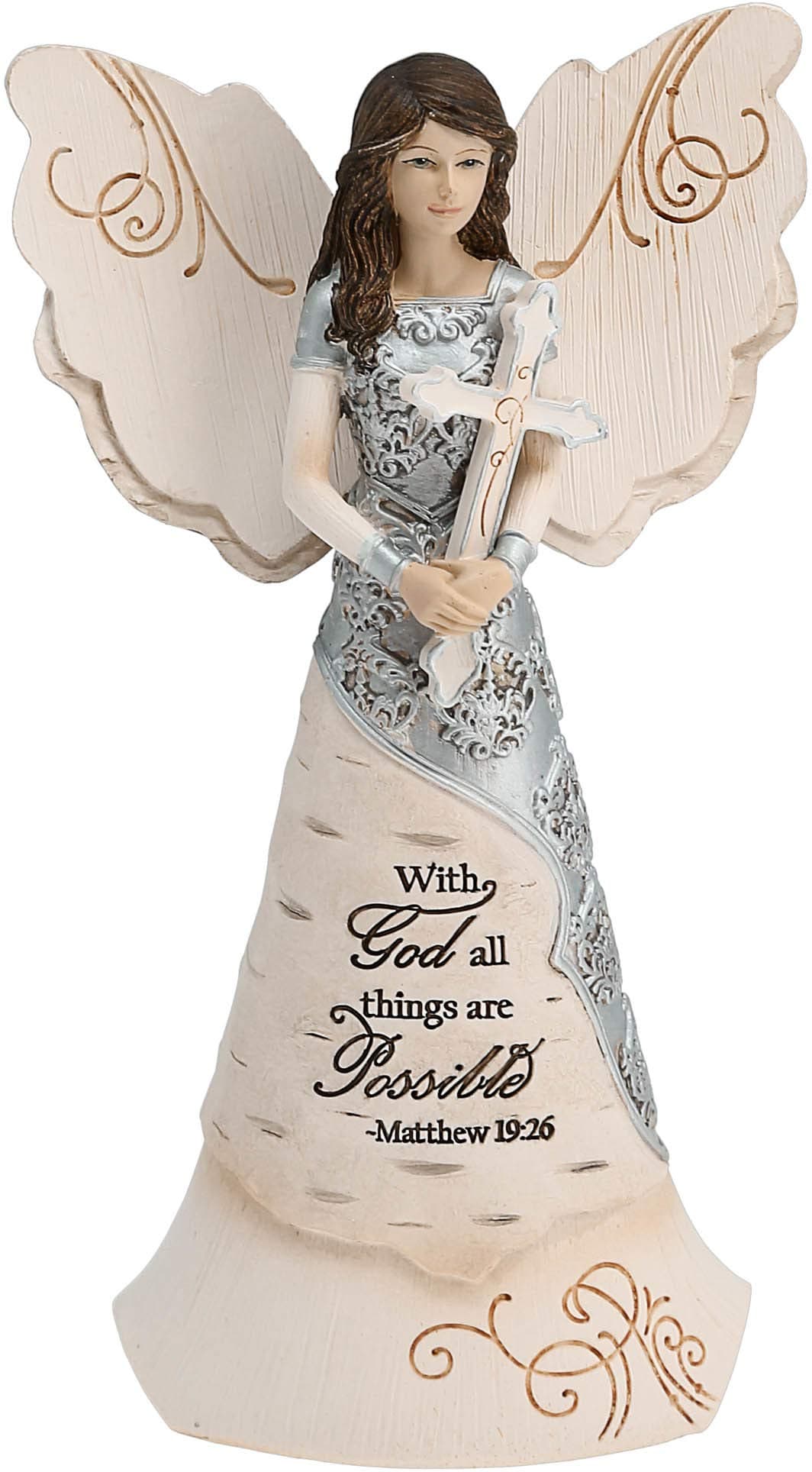 Pavilion Elements Faith Angel Figurine 612Inch Holding Cross Inscription with God All Things are Possible