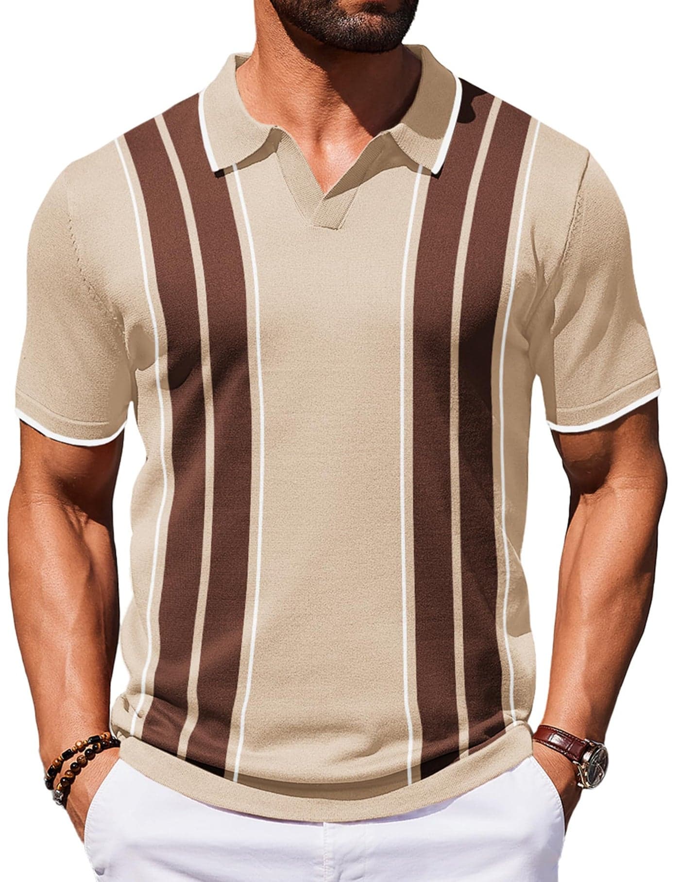 COOFANDY Mens Polo Shirts Striped Vintage Knit Polo Shirt Short Sleeve Old Money Clothes Retro Golf T Shirts