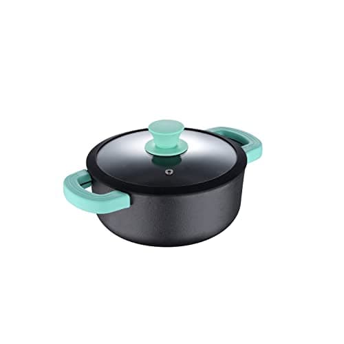 Bergner Elements Cast Iron 20 cm Casserole, Pre-Seasoned, 2 L Capacity, for Slow/Dum/Biryani/Curry/Pulao/One-Pot-Meal/Bake/Serve, Teal Blue Silicone Handle & Glass Lid Rim, Induction & Gas Ready