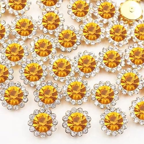 120 Pcs 12mm Sunflower Sew on Rhinestones Crystal Glass Gems Metal Claw Rhinestones Jewels for Crafts Glitter Gemstones for Clothes Shoes Cap Earring Belt Sewing Accessories05 Golden Yellow