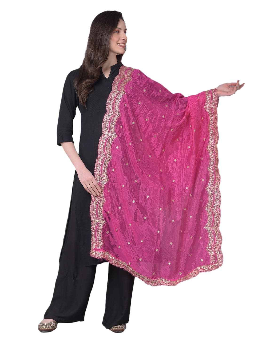 A R Silk dupatta hub Women's Pink Gold Zari Work Embroidered Cutwork Fancy Dupatta(ARS0980)