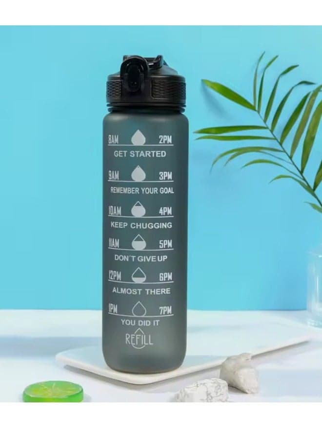 1L Water Bottle For Kids And Adults, Portable Leakproof Drinking Water Bottles With Motivational Time Marker, BPA Free Water Jug For School Fitness Outdoor Gym Sports. (Black)