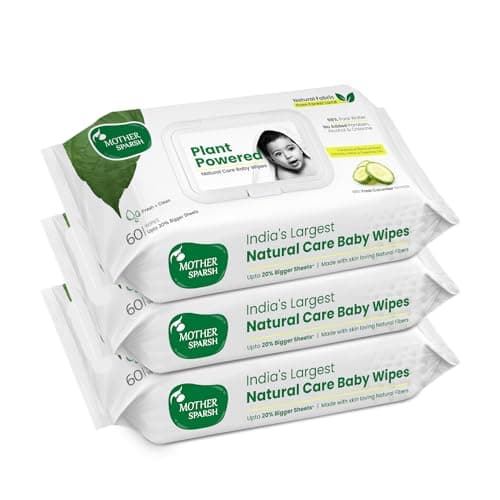 Mother Sparsh Natural Care Baby Wet Wipes with Lid|100% Plant Made Fabric From Forest Land|Fresh+Cleanse(with Cucumber)Plant Powered Wet Wipes For Baby,Cotton Cloth Like Bigger Sheets|60 Pc(Pack of 3)