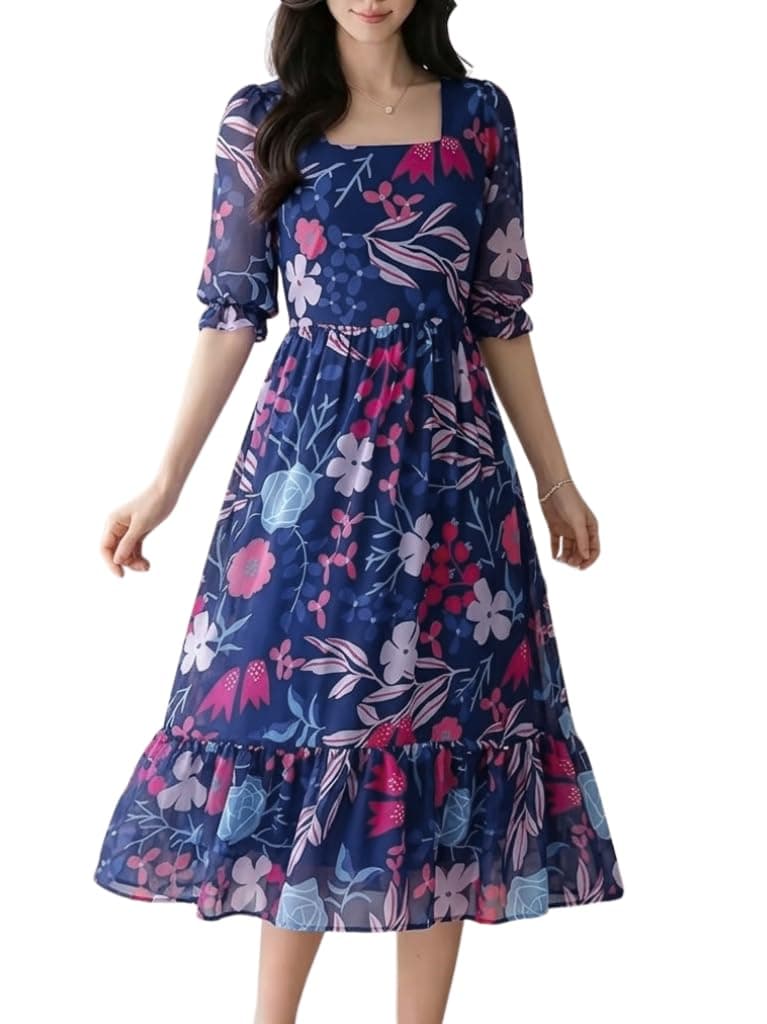 SMOWKLY Women's Georgette Floral Printed Indo-Western Ethnic Gown || Half Sleeve V Neck Fit & Flare Flared Hem Design || Casual Wear A-Line Maxi Dress 1323_BL_3XL Blue