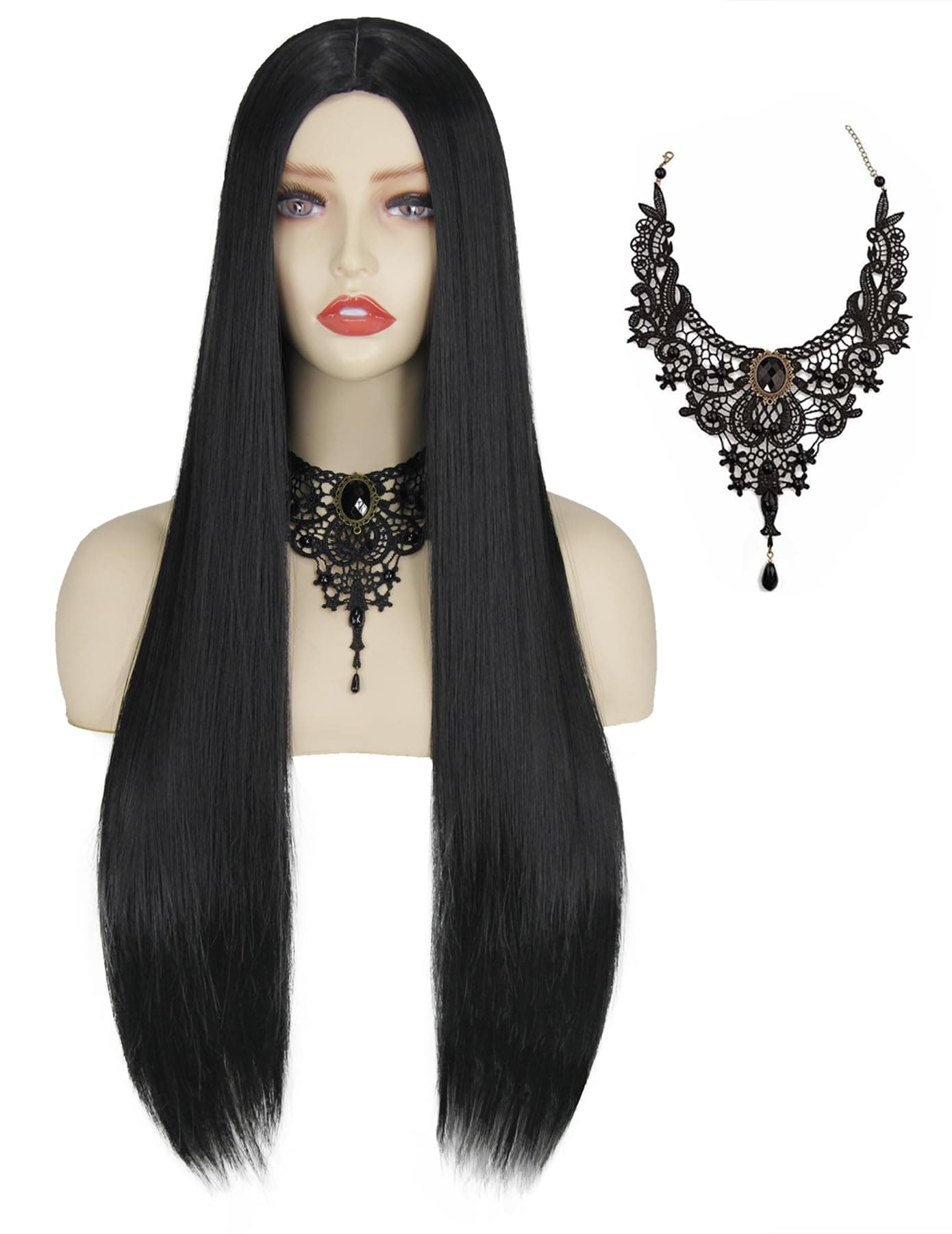 FOVER Black Wigs for Gothic Costume Women Halloween Costume Long Black Wig with Necklace Natural Cute Straight Wigs for Halloween Witch Costume FE029BK