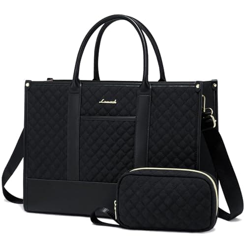 LOVEVOOK Laptop Bags for Women, 17 inch Waterproof Work Tote Bag with Clutch, Professional Teacher Computer Purse Lightweight Shoulder Bag Travel, Quilted Black