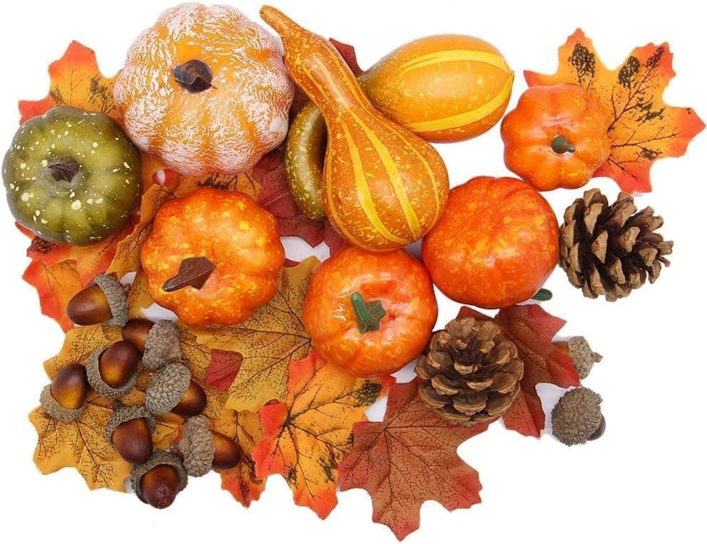 50 Piece Fall Pumpkin Decorating Set, Mini Artificial Gourds Autumn Leaves Acorns Home Decor, Fall Table Centerpieces, Thanksgiving Vase Fillers, Harvest Farmhouse Table Tiered Tray Set