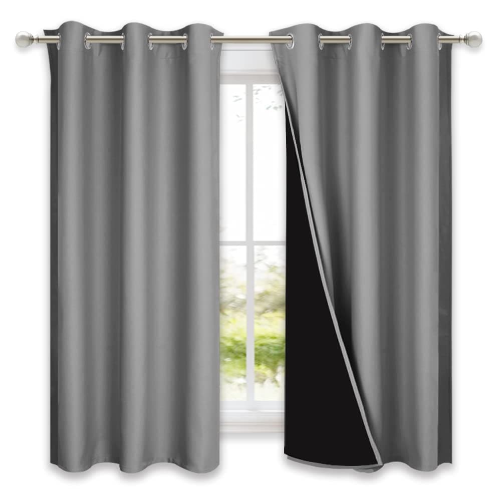 NICETOWN 100 Blackout Curtains with Black Liners Solid Thermal Insulated Full Blackout 2Layer Lined Drapes Energy Efficiency Window Draperies for Bedroom 2 Panels 42 W by 63 L Silver Grey