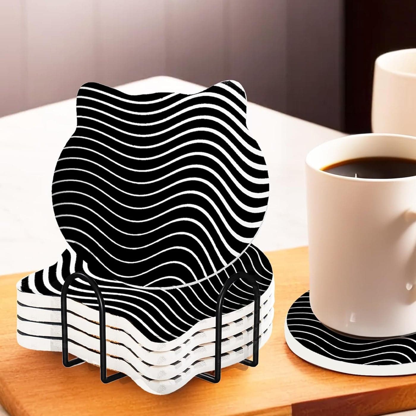 UMAI Cat Coaster Set of 6 | Dining Table Decor | Cups, Mugs, Glasses | Cork Steel Holder | Home Decor | Fast Absorbing Heat Resistant - Silver Gray (Wavy)