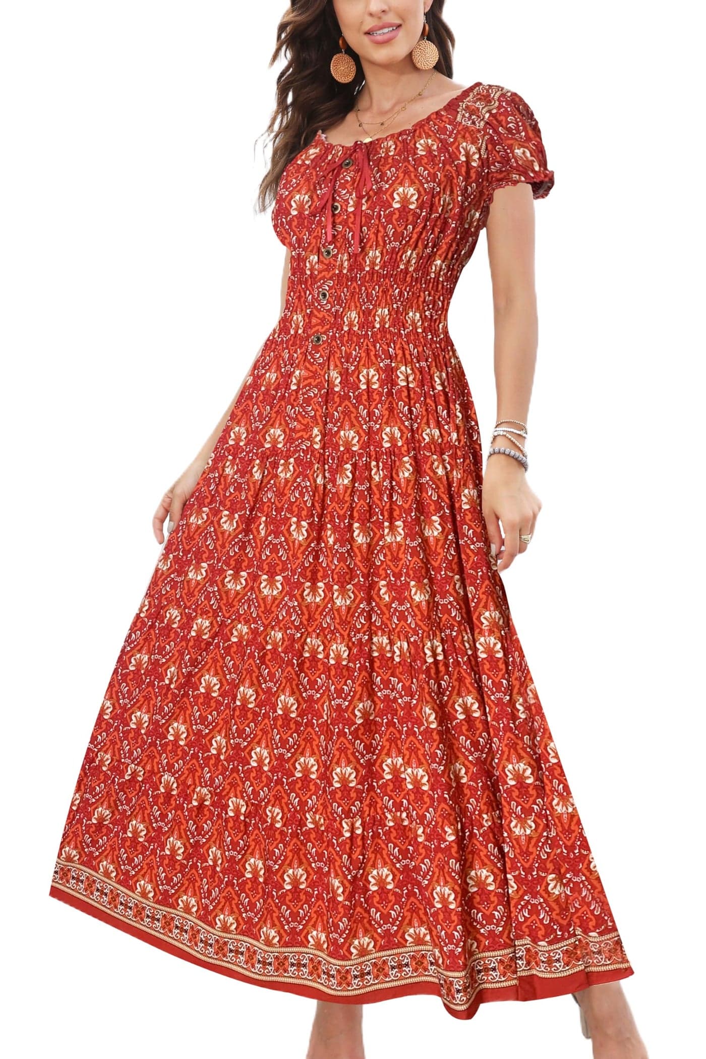 Women's 2025 Summer Short Sleeves Boho Floral Print Tiered Casual Flowy Long Maxi Dress(Red,XXL)
