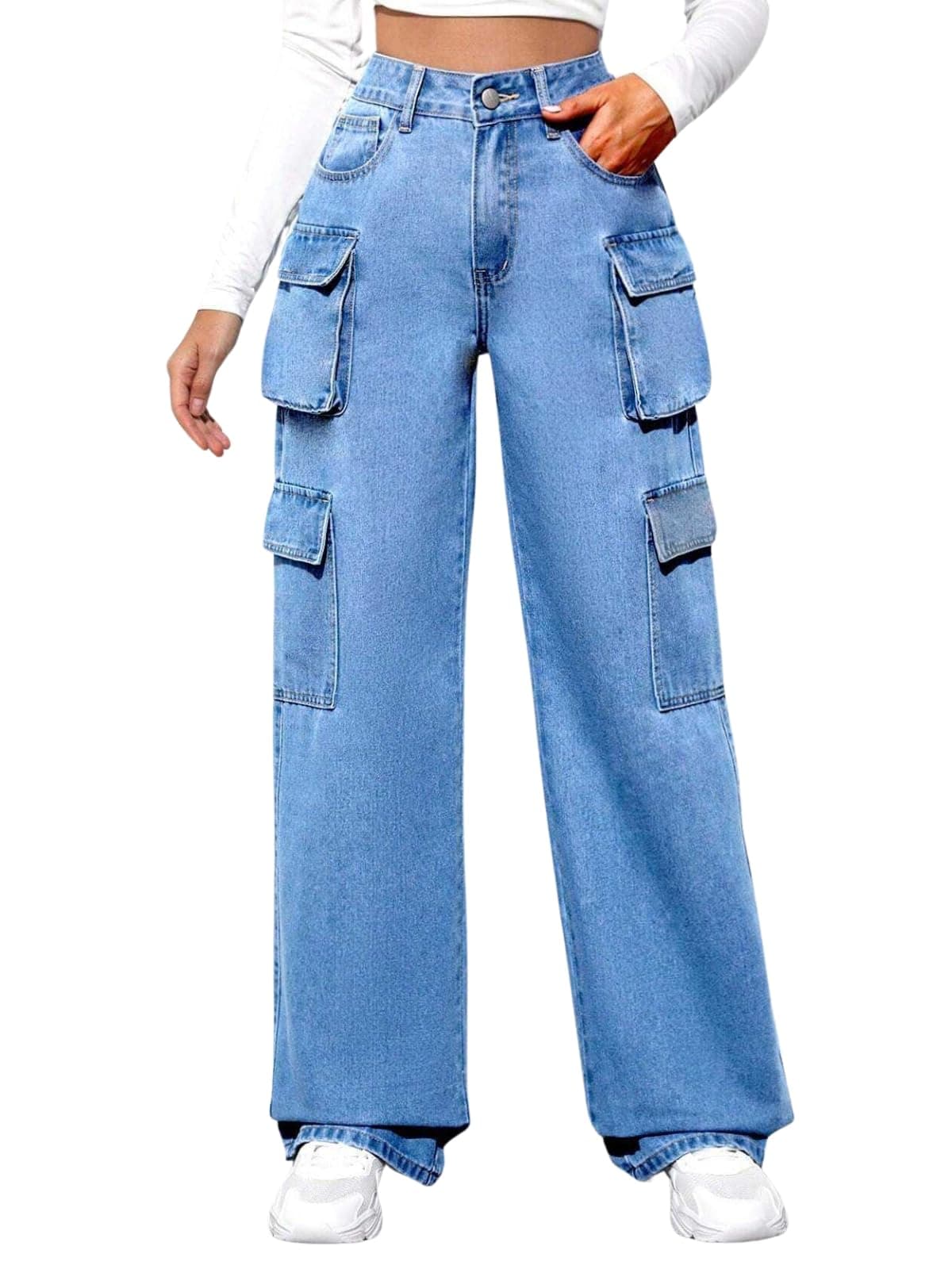 GRECIILOOKS Cargo Jeans for Women – Wide Leg High Waist Baggy Denim Pants | Casual Fit Trousers with Utility Pocket Design