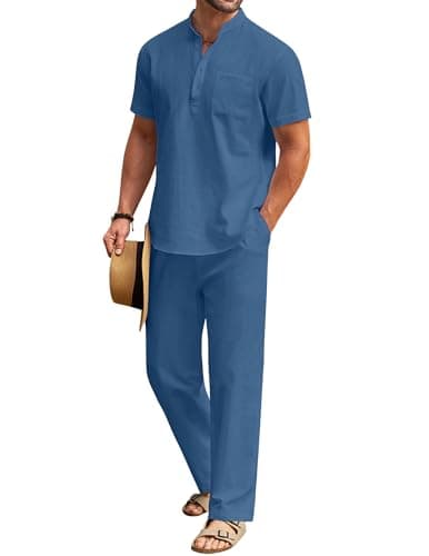 COOFANDY Mens 2 Pieces Cotton Linen Set Henley Shirts Short Sleeve And Casual Beach Pants With Pockets Summer Yoga Outfits