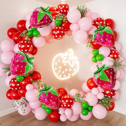 Adeyoo Strawberry Balloon Arch Garland Kit130Pcs Pink Red Balloons with Large Strawberry Foil Balloon Red Polka Dot Green Balloon for Girl Berry FirstSweet One Birthday Party Decoration