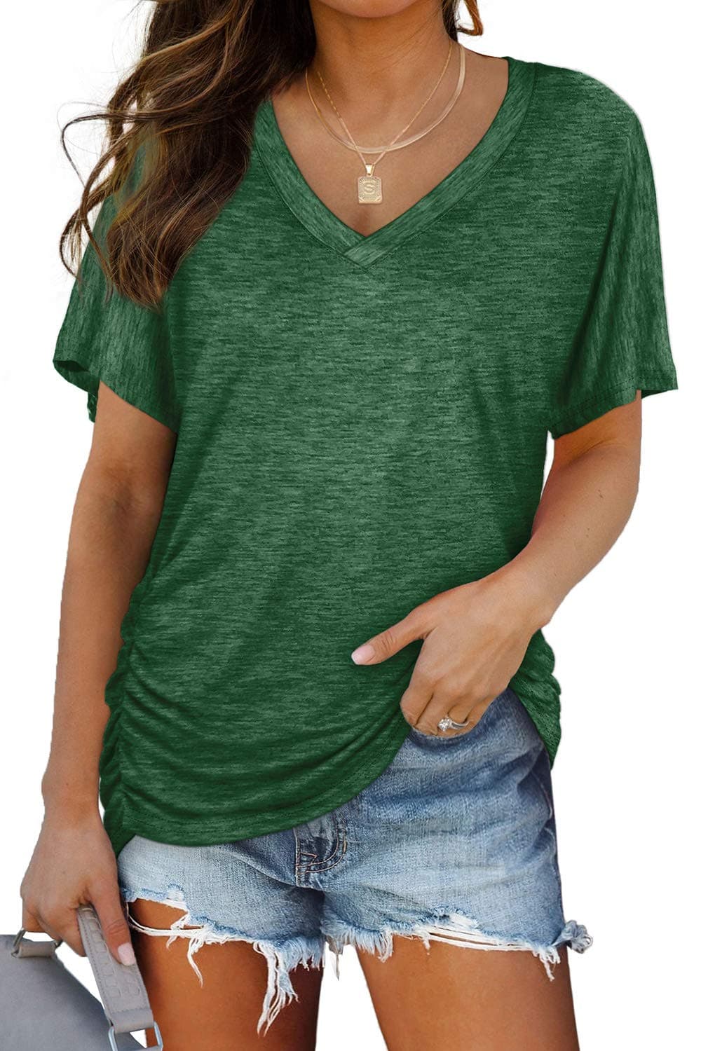 Green Tops for Women Short Sleeve Loose Fit Shirts with Side Shirring Plus Size Summer V Neck Spring Outfits Resort Wear 2025 XXXL