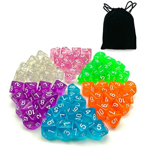 60pcs Assorted Colored Translucent D10 110 Pack 6X10pcs 10 Sides Dice Transparent Polyhedral Dice D10 Set in Black Velvet Pouch