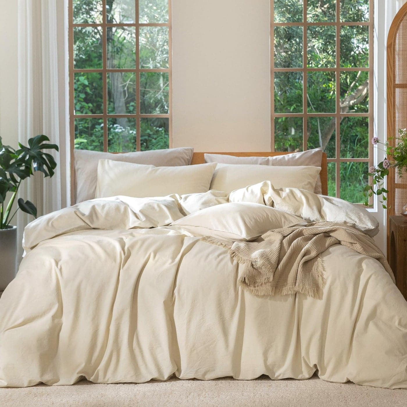 MooMee Bedding Duvet Cover Set 100 Washed Cotton Linen Like Textured Breathable Durable Soft Comfy Heathered Almond Milk Grey Queen 90x90