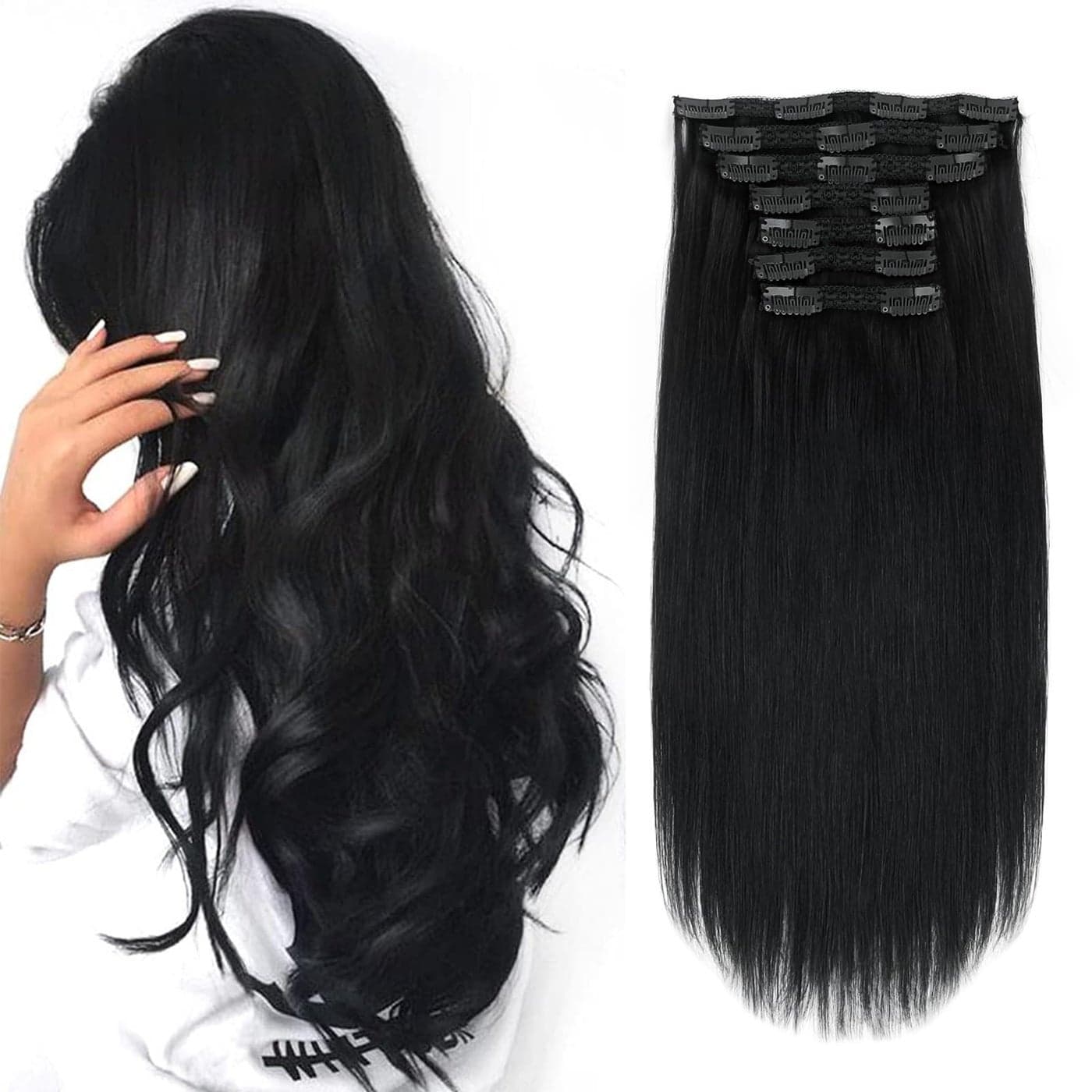 Sixstarhair Jet Black Clip In Hair Extensions Made of Remy Virgin Human Hair Double Wefted Thick Lace Weft Clip On Extensions Fast to Apply 140g 7 Pieces 20inch Color 1 Jet Black 20inch
