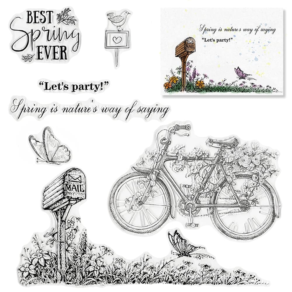 Hying Spring Bike Flowers Clear Stamps for Card Making and Photo Album Decorations Grass Butterfly Silicone Stamps Greeting Words Rubber Stamps Seal for DIY Scrapbooking Supplies